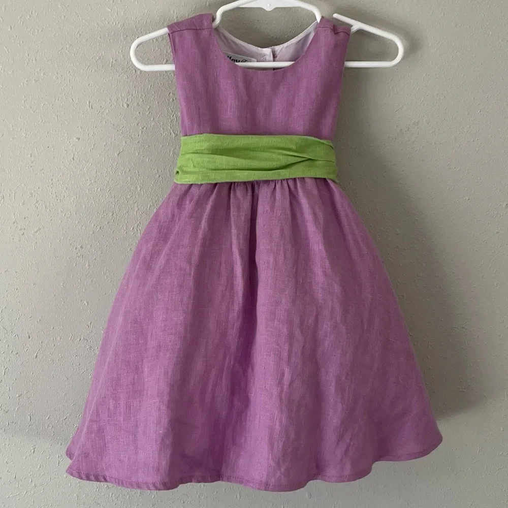Malley Too Purple Linen Dress With Green Attached Sash Size 2T
